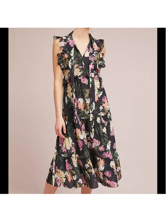 Kachel Dresses & Skirts - Kachel Womens Ruffle Silk Floral Midi Dress Size 8 Black Tiered Fairy Romantic